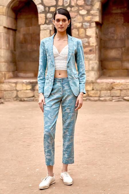 Buy_Dash And Dot_Blue Cotton, Polyester Scenery Weave Blazer And Pant Set 