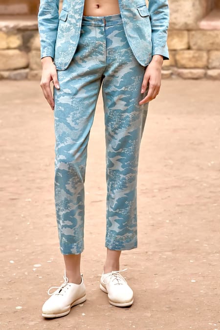 Dash And Dot Blue Cotton, Polyester Scenery Weave Straight Fit Pant Online at Aza Fashions Dash And Dot_Blue Cotton, Polyester Scenery Weave Straight Fit Pant _Online_at_Aza_Fashions