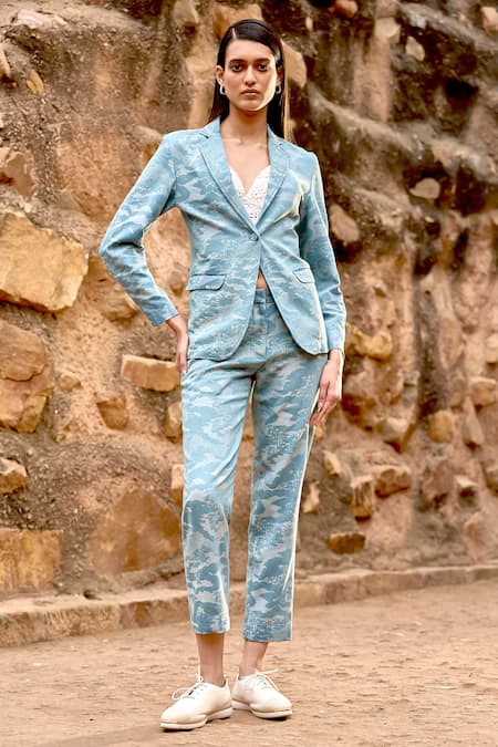 Shop Dash And Dot Blue Cotton, Polyester Scenery Weave Straight Fit Pant Online at Aza Fashions Shop_Dash And Dot_Blue Cotton, Polyester Scenery Weave Straight Fit Pant _Online_at_Aza_Fashions