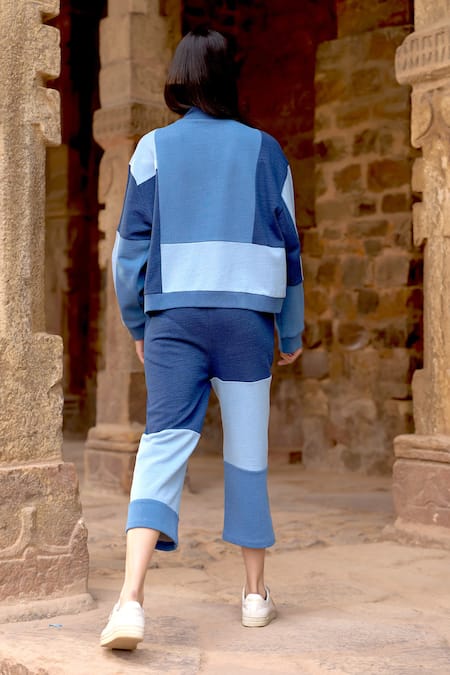 Shop Dash And Dot Blue Cotton Button-down Neck Colorblocked Sweatshirt And Pant Set at Aza Fashions Shop_Dash And Dot_Blue Cotton Button-down Neck Colorblocked Sweatshirt And Pant Set _at_Aza_Fashions