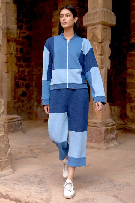 Dash And Dot Blue Cotton Button-down Neck Colorblocked Sweatshirt And Pant Set Online at Aza Fashions Dash And Dot_Blue Cotton Button-down Neck Colorblocked Sweatshirt And Pant Set _Online_at_Aza_Fashions