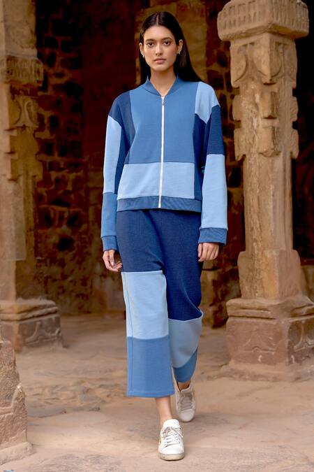 Buy Dash And Dot Blue Cotton Button-down Neck Colorblocked Sweatshirt And Pant Set Online at Aza Fashions Buy_Dash And Dot_Blue Cotton Button-down Neck Colorblocked Sweatshirt And Pant Set _Online_at_Aza_Fashions