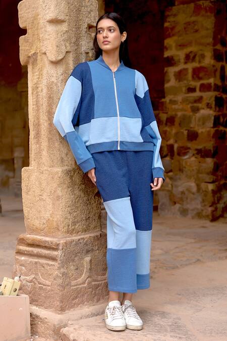 Shop Dash And Dot Blue Cotton Button-down Neck Colorblocked Sweatshirt And Pant Set Online at Aza Fashions Shop_Dash And Dot_Blue Cotton Button-down Neck Colorblocked Sweatshirt And Pant Set _Online_at_Aza_Fashions
