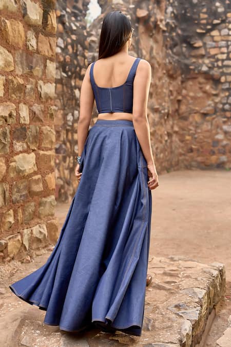 Shop Dash And Dot Blue Cotton Embroidery Square Neck Denim Stitchline Corset Top And Skirt Set at Aza Fashions Shop_Dash And Dot_Blue Cotton Embroidery Square Neck Denim Stitchline Corset Top And Skirt Set _at_Aza_Fashions