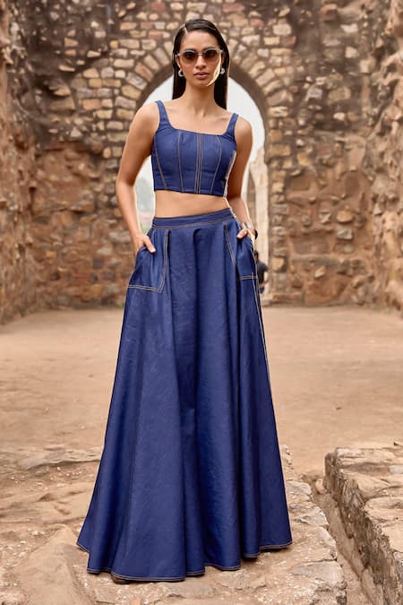 Dash And Dot Blue Cotton Embroidery Square Neck Denim Stitchline Corset Top And Skirt Set Online at Aza Fashions Dash And Dot_Blue Cotton Embroidery Square Neck Denim Stitchline Corset Top And Skirt Set _Online_at_Aza_Fashions