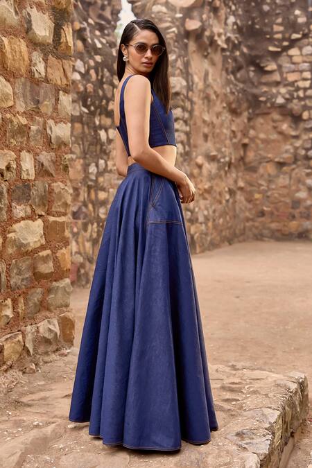 Buy Dash And Dot Blue Cotton Embroidery Square Neck Denim Stitchline Corset Top And Skirt Set Online at Aza Fashions Buy_Dash And Dot_Blue Cotton Embroidery Square Neck Denim Stitchline Corset Top And Skirt Set _Online_at_Aza_Fashions
