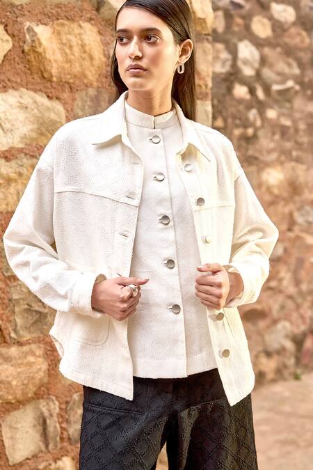 Shop_Dash And Dot_White Cotton Collared Textured Shacket And Wide Legged Pant Set _Online_at_Aza_Fashions