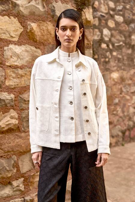 Dash And Dot_White Cotton Collared Textured Shacket And Wide Legged Pant Set _at_Aza_Fashions