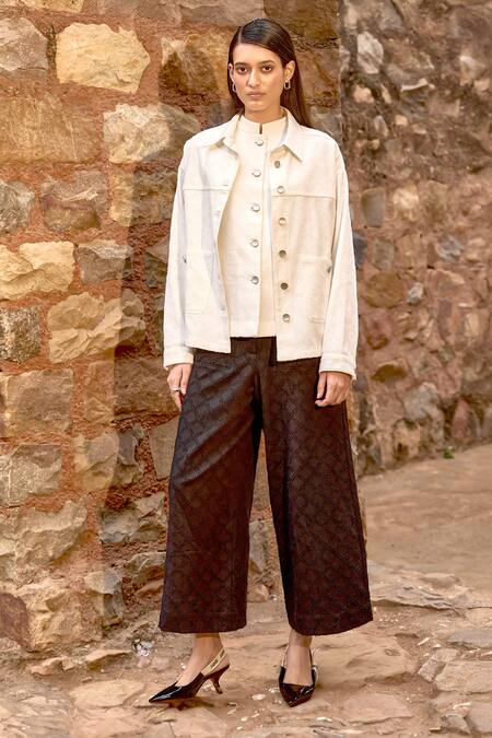 Shop_Dash And Dot_White Cotton Collared Textured Shacket And Wide Legged Pant Set 