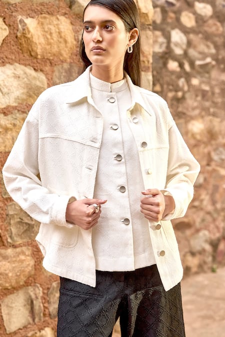 Dash And Dot_White Cotton Round Neck Textured Shacket And Flared Pant Set _Online_at_Aza_Fashions