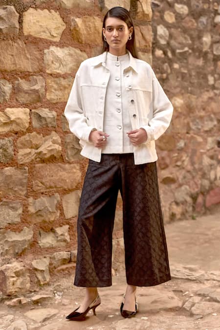 Shop_Dash And Dot_White Cotton Round Neck Textured Shacket And Flared Pant Set _Online_at_Aza_Fashions