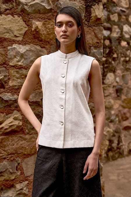 Shop_Dash And Dot_White Cotton Bandeau Neck Textured Sleeveless Top And Flared Pant Set _at_Aza_Fashions