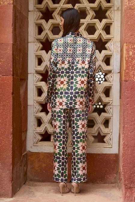 Shop Dash And Dot Multi Color Viscose Collared Moroccan Mosaic Print Shirt And Pant Set at Aza Fashions Shop_Dash And Dot_Multi Color Viscose Collared Moroccan Mosaic Print Shirt And Pant Set _at_Aza_Fashions