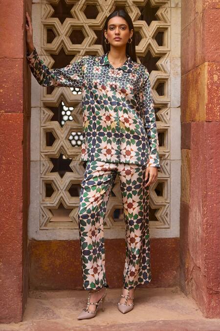 Dash And Dot Multi Color Viscose Collared Moroccan Mosaic Print Shirt And Pant Set Online at Aza Fashions Dash And Dot_Multi Color Viscose Collared Moroccan Mosaic Print Shirt And Pant Set _Online_at_Aza_Fashions