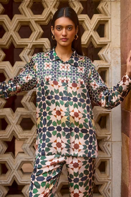 Shop Dash And Dot Multi Color Viscose Collared Moroccan Mosaic Print Shirt And Pant Set Online at Aza Fashions Shop_Dash And Dot_Multi Color Viscose Collared Moroccan Mosaic Print Shirt And Pant Set _Online_at_Aza_Fashions