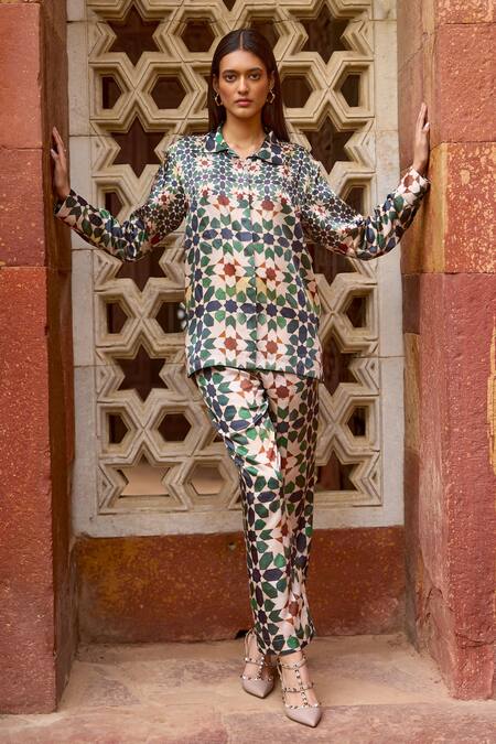 Dash And Dot Multi Color Viscose Collared Moroccan Mosaic Print Shirt And Pant Set at Aza Fashions Dash And Dot_Multi Color Viscose Collared Moroccan Mosaic Print Shirt And Pant Set _at_Aza_Fashions