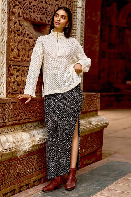 Dash And Dot Ivory Cotton, Acrylic, Wool High Neck Geometric Knit Full Sleeve Top Online at Aza Fashions Dash And Dot_Ivory Cotton, Acrylic, Wool High Neck Geometric Knit Full Sleeve Top _Online_at_Aza_Fashions