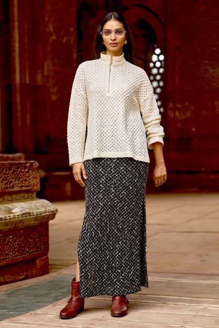 Buy Dash And Dot Ivory Cotton, Acrylic, Wool High Neck Geometric Knit Full Sleeve Top Online at Aza Fashions Buy_Dash And Dot_Ivory Cotton, Acrylic, Wool High Neck Geometric Knit Full Sleeve Top _Online_at_Aza_Fashions