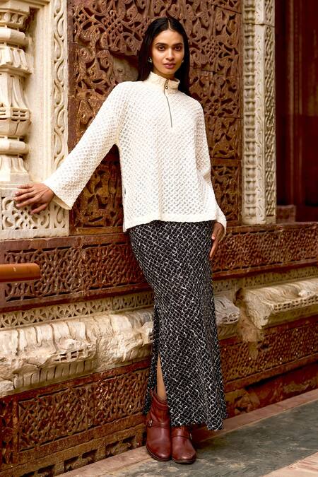 Shop Dash And Dot Ivory Cotton, Acrylic, Wool High Neck Geometric Knit Full Sleeve Top Online at Aza Fashions Shop_Dash And Dot_Ivory Cotton, Acrylic, Wool High Neck Geometric Knit Full Sleeve Top _Online_at_Aza_Fashions