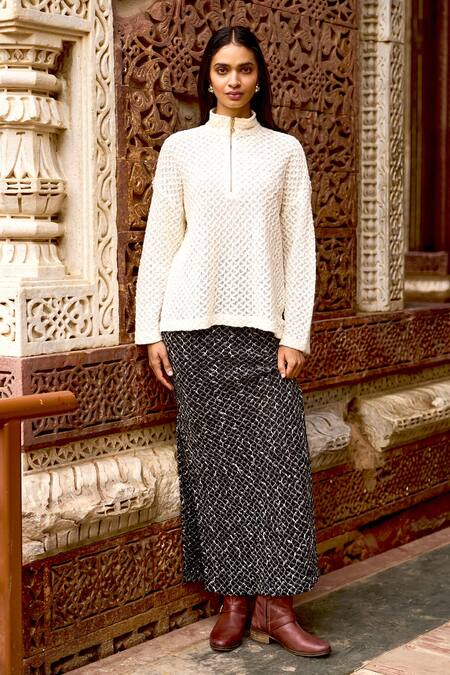 Dash And Dot Ivory Cotton, Acrylic, Wool High Neck Geometric Knit Full Sleeve Top at Aza Fashions Dash And Dot_Ivory Cotton, Acrylic, Wool High Neck Geometric Knit Full Sleeve Top _at_Aza_Fashions