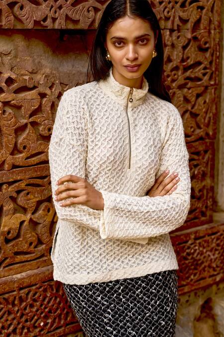 Dash And Dot Ivory Cotton, Acrylic, Wool High Neck Geometric Knit Top And Maxi Skirt Set Online at Aza Fashions Dash And Dot_Ivory Cotton, Acrylic, Wool High Neck Geometric Knit Top And Maxi Skirt Set _Online_at_Aza_Fashions