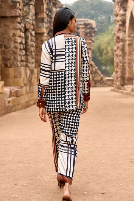 Shop_Dash And Dot_Multi Color Viscose Collared Multicolor Houndstooth Printed Shirt And Pant Set _at_Aza_Fashions
