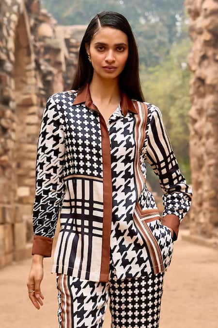 Buy_Dash And Dot_Multi Color Viscose Collared Multicolor Houndstooth Printed Shirt And Pant Set _Online_at_Aza_Fashions