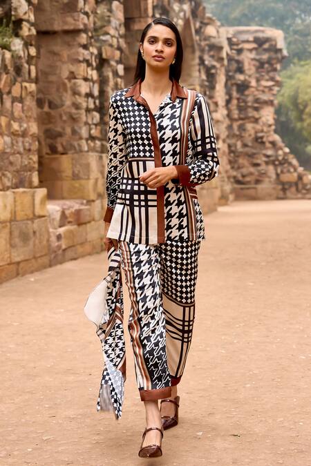Shop_Dash And Dot_Multi Color Viscose Collared Multicolor Houndstooth Printed Shirt And Pant Set _Online_at_Aza_Fashions