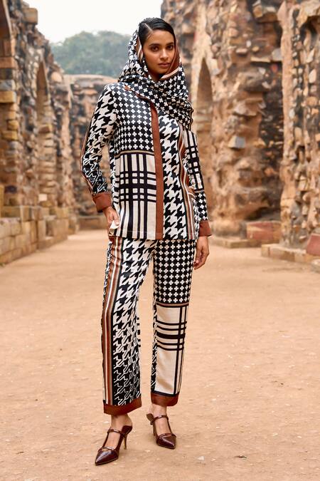 Dash And Dot_Multi Color Viscose Collared Multicolor Houndstooth Printed Shirt And Pant Set _at_Aza_Fashions