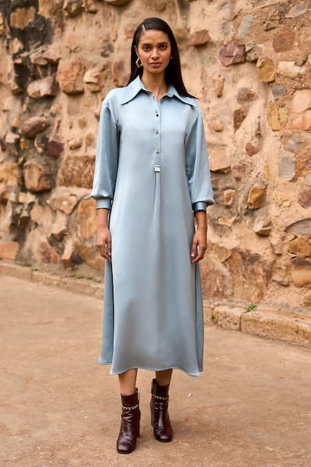 Dash and Dot Blue 100% Polyester Plain Collar Petrol Textured Shirt Dress 