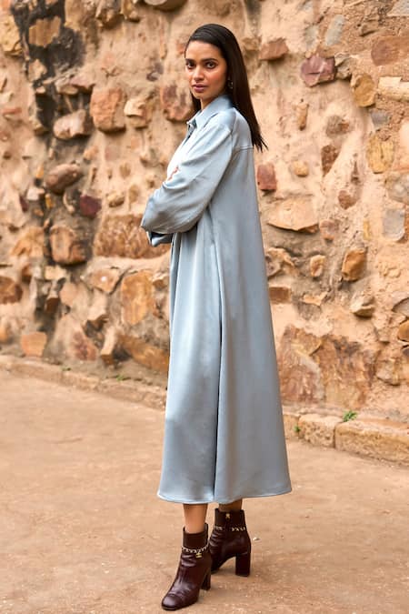 Shop Dash And Dot Blue Polyester Collared Petrol Textured Shirt Dress at Aza Fashions Shop_Dash And Dot_Blue Polyester Collared Petrol Textured Shirt Dress _at_Aza_Fashions