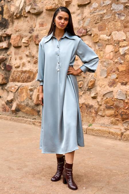 Dash And Dot Blue Polyester Collared Petrol Textured Shirt Dress Online at Aza Fashions Dash And Dot_Blue Polyester Collared Petrol Textured Shirt Dress _Online_at_Aza_Fashions
