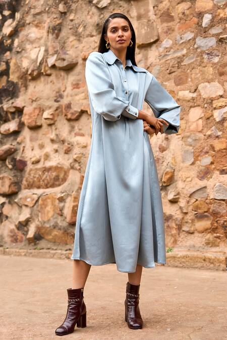 Buy Dash And Dot Blue Polyester Collared Petrol Textured Shirt Dress Online at Aza Fashions Buy_Dash And Dot_Blue Polyester Collared Petrol Textured Shirt Dress _Online_at_Aza_Fashions