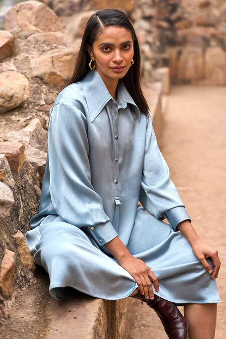 Dash And Dot Blue Polyester Collared Petrol Textured Shirt Dress at Aza Fashions Dash And Dot_Blue Polyester Collared Petrol Textured Shirt Dress _at_Aza_Fashions
