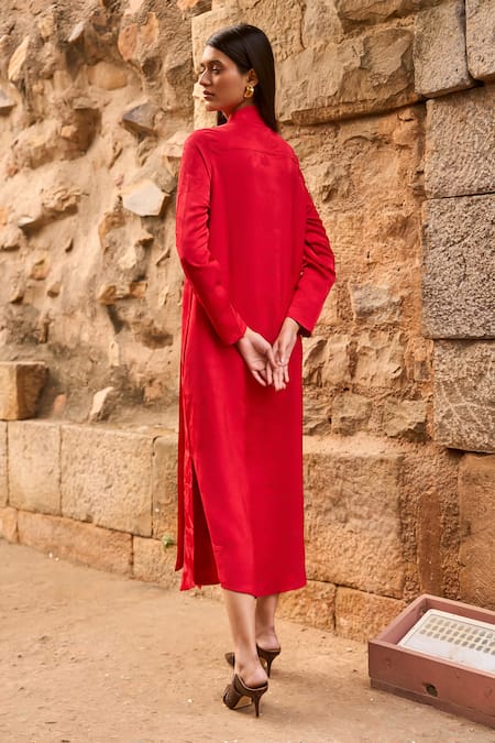 Shop Dash And Dot Red Viscose Collared Floral Jacquard Woven Dress at Aza Fashions Shop_Dash And Dot_Red Viscose Collared Floral Jacquard Woven Dress _at_Aza_Fashions