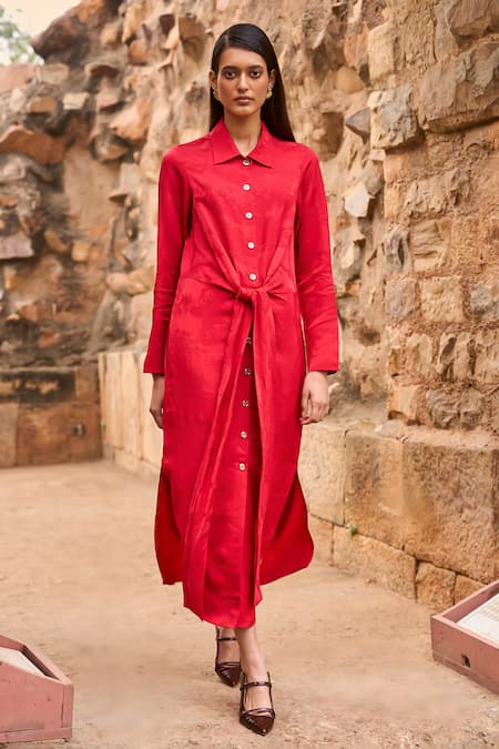 Dash And Dot Red Viscose Collared Floral Jacquard Woven Dress Online at Aza Fashions Dash And Dot_Red Viscose Collared Floral Jacquard Woven Dress _Online_at_Aza_Fashions