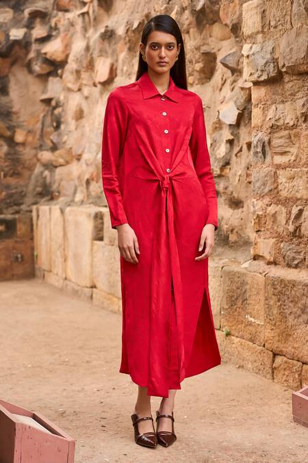 Buy Dash And Dot Red Viscose Collared Floral Jacquard Woven Dress Online at Aza Fashions Buy_Dash And Dot_Red Viscose Collared Floral Jacquard Woven Dress _Online_at_Aza_Fashions