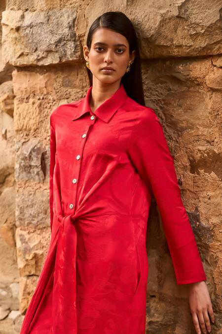 Shop Dash And Dot Red Viscose Collared Floral Jacquard Woven Dress Online at Aza Fashions Shop_Dash And Dot_Red Viscose Collared Floral Jacquard Woven Dress _Online_at_Aza_Fashions