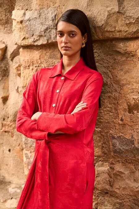 Dash And Dot Red Viscose Collared Floral Jacquard Woven Dress at Aza Fashions Dash And Dot_Red Viscose Collared Floral Jacquard Woven Dress _at_Aza_Fashions