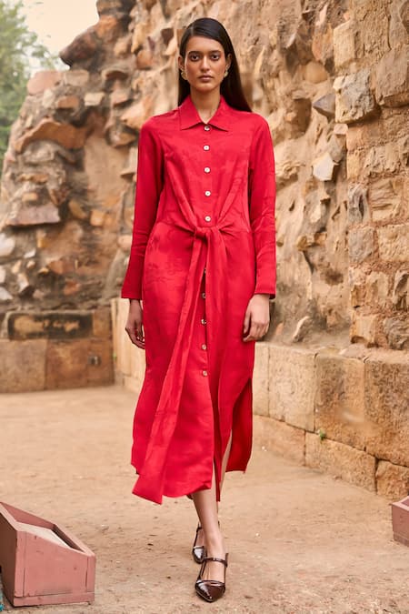 Buy Dash And Dot Red Viscose Collared Floral Jacquard Woven Dress Buy_Dash And Dot_Red Viscose Collared Floral Jacquard Woven Dress