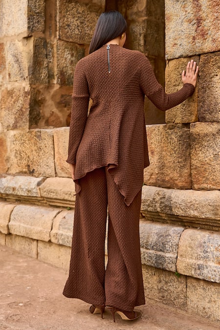 Shop_Dash And Dot_Brown Polyester Round Neck Textured Knit Architectural Pattern Top _at_Aza_Fashions