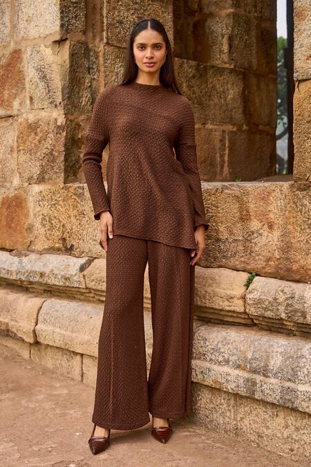 Buy_Dash And Dot_Brown Polyester, Spandex Architectural Pattern Top And Wide Leg Pant Set _Online_at_Aza_Fashions