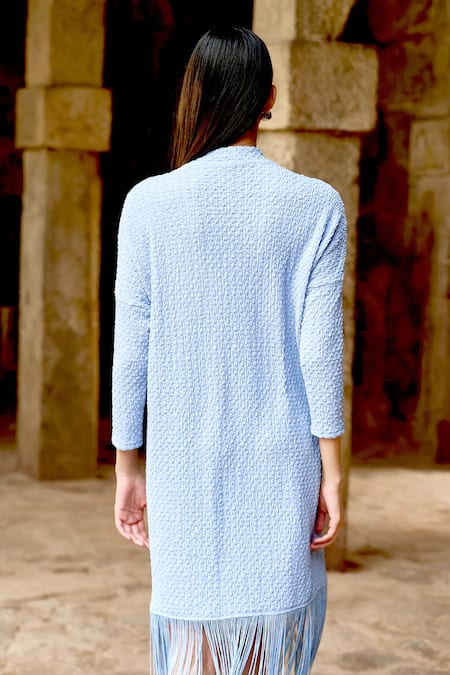 Shop Dash And Dot Blue Polyester Fringe High Neck Textured Knit Midi Dress at Aza Fashions Shop_Dash And Dot_Blue Polyester Fringe High Neck Textured Knit Midi Dress _at_Aza_Fashions