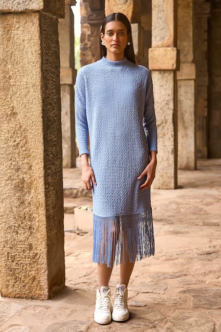 Dash And Dot Blue Polyester Fringe High Neck Textured Knit Midi Dress Online at Aza Fashions Dash And Dot_Blue Polyester Fringe High Neck Textured Knit Midi Dress _Online_at_Aza_Fashions