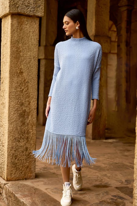 Shop Dash And Dot Blue Polyester Fringe High Neck Textured Knit Midi Dress Online at Aza Fashions Shop_Dash And Dot_Blue Polyester Fringe High Neck Textured Knit Midi Dress _Online_at_Aza_Fashions