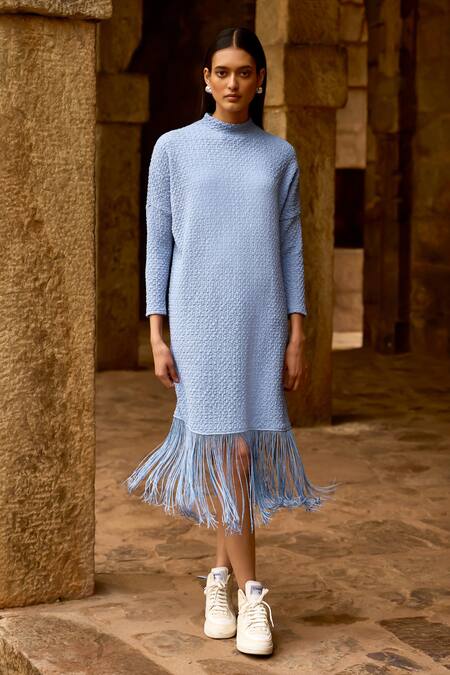 Dash And Dot Blue Polyester Fringe High Neck Textured Knit Midi Dress at Aza Fashions Dash And Dot_Blue Polyester Fringe High Neck Textured Knit Midi Dress _at_Aza_Fashions
