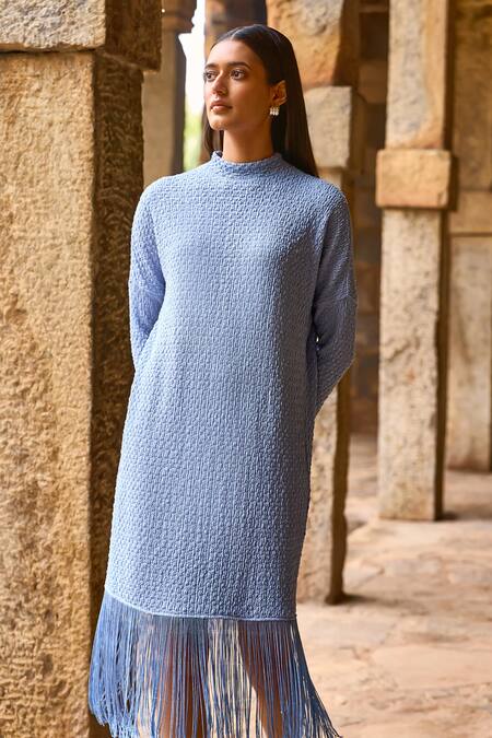 Buy Dash And Dot Blue Polyester Fringe High Neck Textured Knit Midi Dress Buy_Dash And Dot_Blue Polyester Fringe High Neck Textured Knit Midi Dress