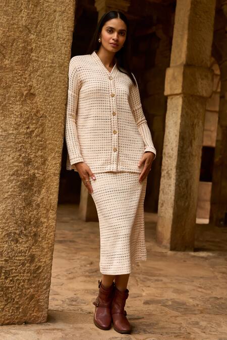 Buy Dash And Dot Ivory Polyester Shawl Neck Textured Knit Top And Midi Skirt Set Buy_Dash And Dot_Ivory Polyester Shawl Neck Textured Knit Top And Midi Skirt Set