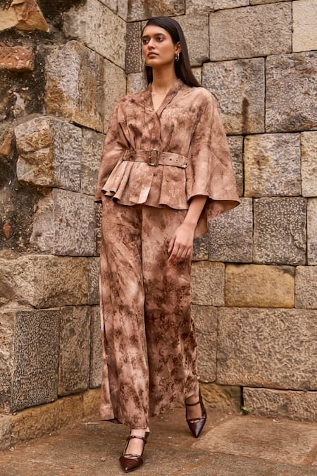 Buy Dash And Dot Brown Polyester Embroidery Floral Jacquard Woven Cape And Pant Set Online at Aza Fashions Buy_Dash And Dot_Brown Polyester Embroidery Floral Jacquard Woven Cape And Pant Set _Online_at_Aza_Fashions