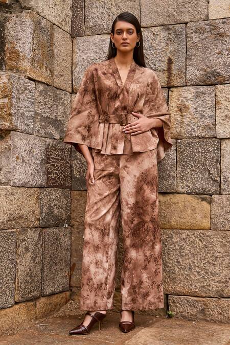 Shop Dash And Dot Brown Polyester Embroidery Floral Jacquard Woven Cape And Pant Set Online at Aza Fashions Shop_Dash And Dot_Brown Polyester Embroidery Floral Jacquard Woven Cape And Pant Set _Online_at_Aza_Fashions